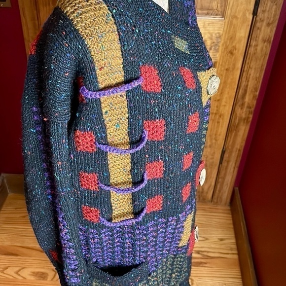 Vintage Sandra Miller Handloomed Artwear Cardigan OS in Black, Purple Red olive - Picture 8 of 16